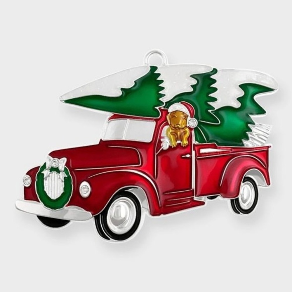 Harvey Lewis Dog in Red Pickup Truck Ornament with Fine Crystals nwt